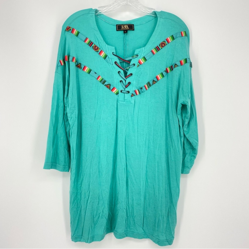 Lucky & Blessed 3/4 Length Sleeve Aztec Trim Turquoise Tunic Lace Up Neck Size L